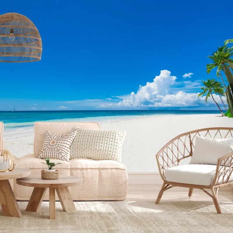 Fototapeta tropikalna plaża z palmami – Wallissimo® Fototapeta tropikalna plaża z palmami – Wallissimo®