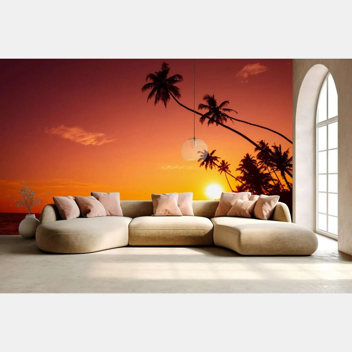 Fototapeta tropikalny zachód słońca nad plażą – Wallissimo® Fototapeta tropikalny zachód słońca nad plażą – Wallissimo®