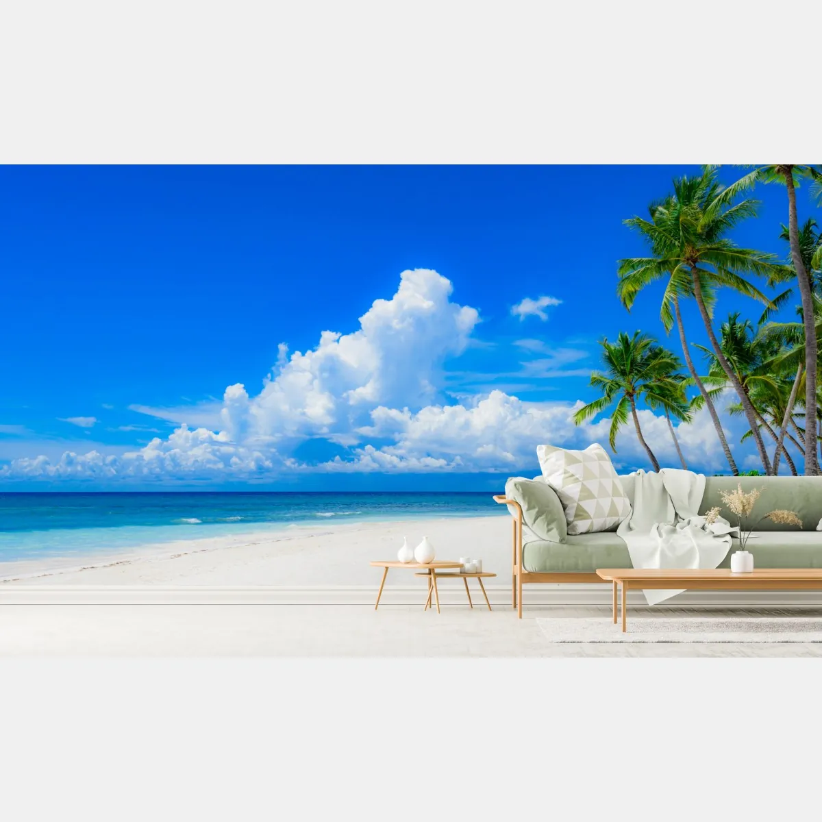 Fototapeta tropikalna plaża z palmami pod błękitnym niebem – Wallissimo® Fototapeta tropikalna plaża z palmami pod błękitnym niebem – Wallissimo®