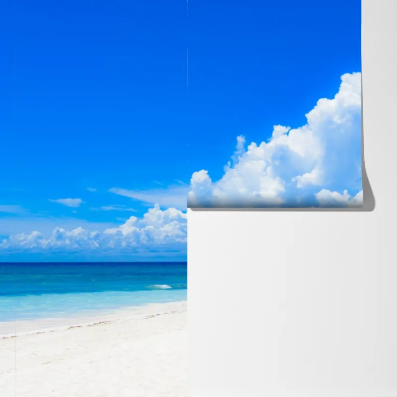 Fototapeta tropikalna plaża z palmami pod błękitnym niebem – Wallissimo® Fototapeta tropikalna plaża z palmami pod błękitnym niebem – Wallissimo®