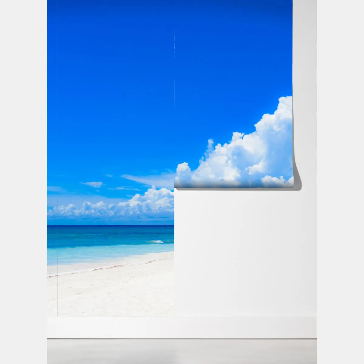 Fototapeta tropikalna plaża z palmami pod błękitnym niebem – Wallissimo® Fototapeta tropikalna plaża z palmami pod błękitnym niebem – Wallissimo®