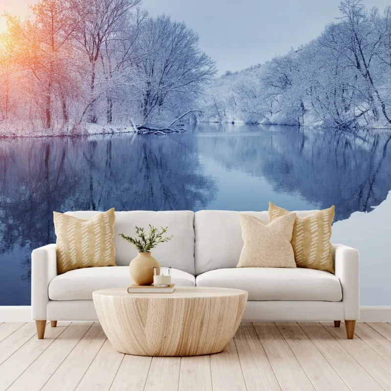 Fototapeta zimowy krajobraz rzeki o zachodzie słońca