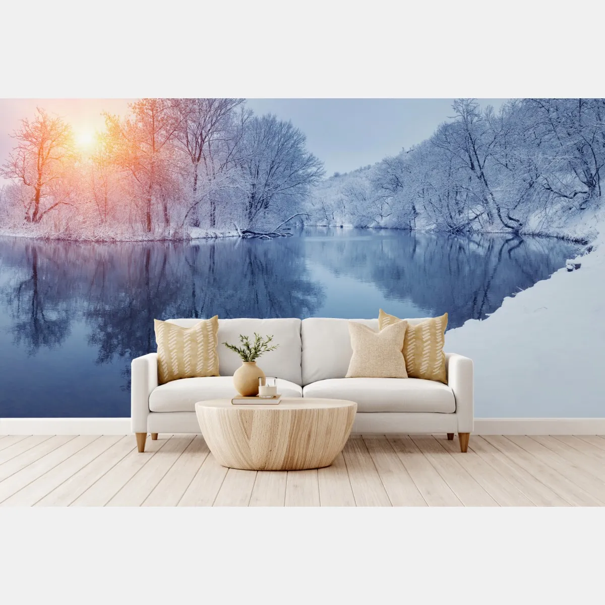 Fototapeta zimowy krajobraz rzeki o zachodzie słońca – Wallissimo® Fototapeta zimowy krajobraz rzeki o zachodzie słońca – Wallissimo®