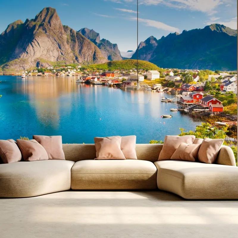 Fototapeta malowniczy fiord z górską wioską i odbiciami