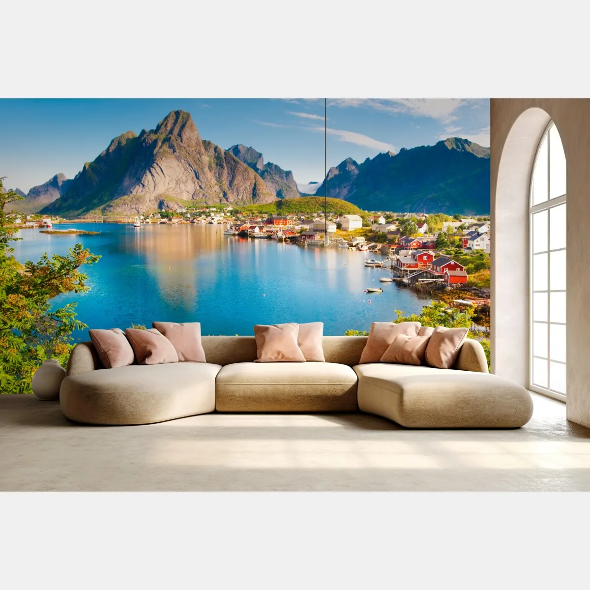 Fototapeta malowniczy fiord z górską wioską i odbiciami – Wallissimo® Fototapeta malowniczy fiord z górską wioską i odbiciami – Wallissimo®