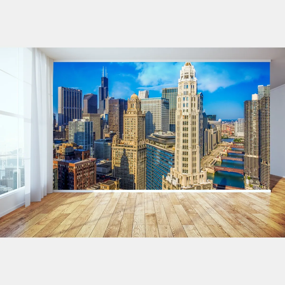 Fototapeta Chicago panorama nad rzeką – Wallissimo® Fototapeta Chicago panorama nad rzeką – Wallissimo®