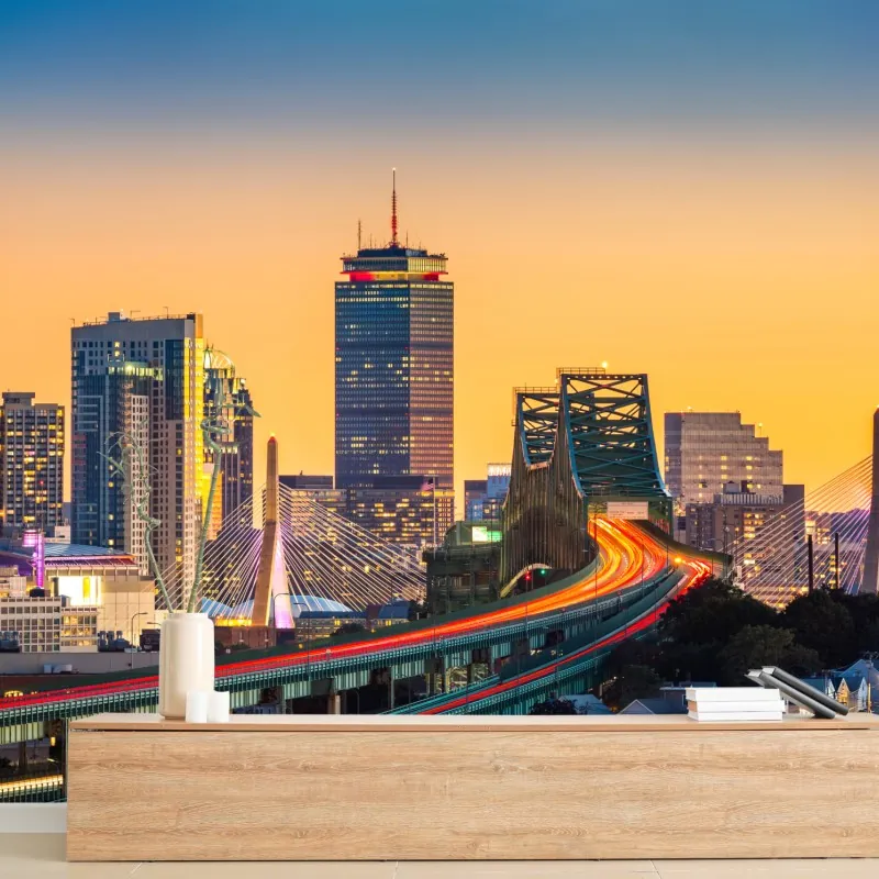 Fototapeta panorama Bostonu o zachodzie słońca z mostami Zakim i Tobin – Wallissimo® Fototapeta panorama Bostonu o zachodzie słońca z mostami Zakim i Tobin – Wallissimo®