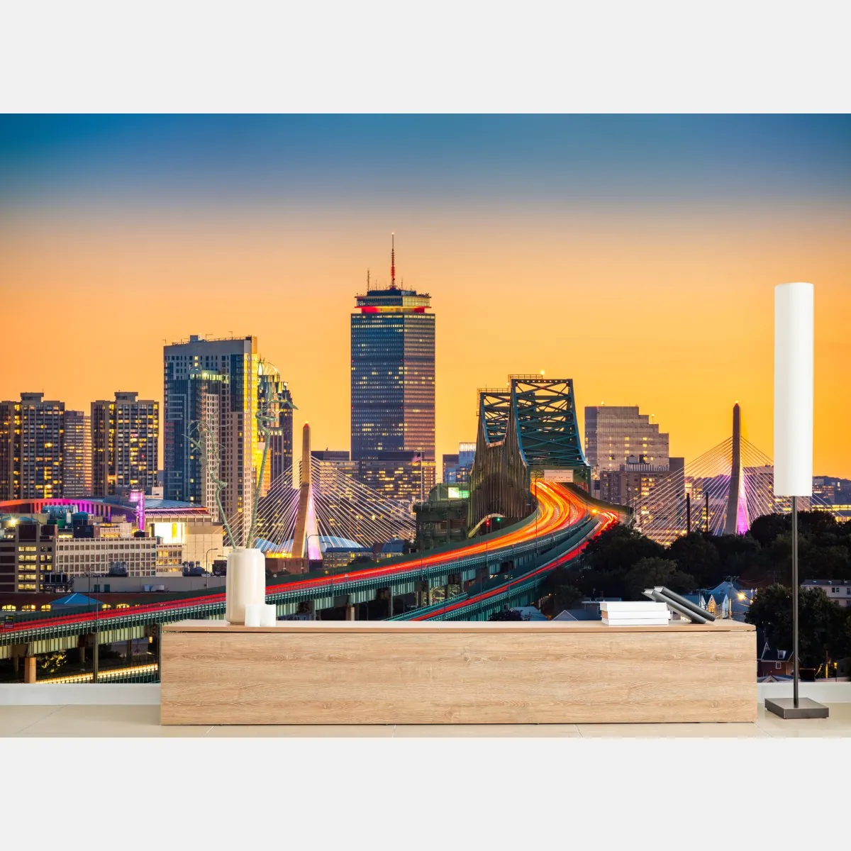 Fototapeta panorama Bostonu o zachodzie słońca z mostami Zakim i Tobin – Wallissimo® Fototapeta panorama Bostonu o zachodzie słońca z mostami Zakim i Tobin – Wallissimo®