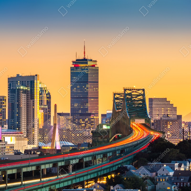 Fototapeta panorama Bostonu o zachodzie słońca z mostami Zakim i Tobin – Wallissimo® Fototapeta panorama Bostonu o zachodzie słońca z mostami Zakim i Tobin – Wallissimo®