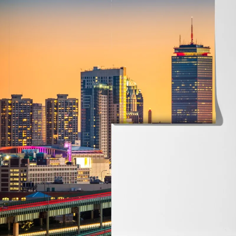 Fototapeta panorama Bostonu o zachodzie słońca z mostami Zakim i Tobin – Wallissimo® Fototapeta panorama Bostonu o zachodzie słońca z mostami Zakim i Tobin – Wallissimo®