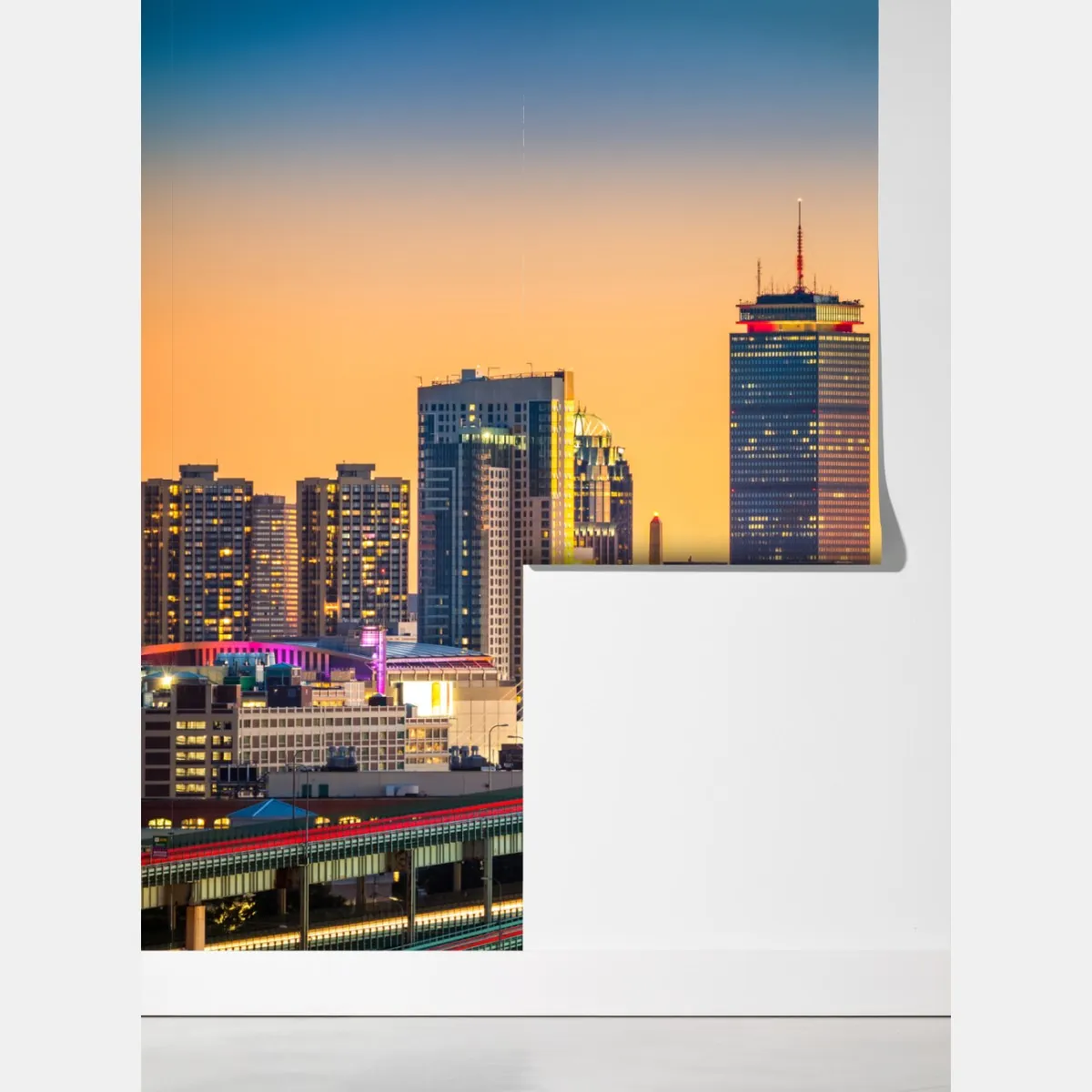 Fototapeta panorama Bostonu o zachodzie słońca z mostami Zakim i Tobin – Wallissimo® Fototapeta panorama Bostonu o zachodzie słońca z mostami Zakim i Tobin – Wallissimo®