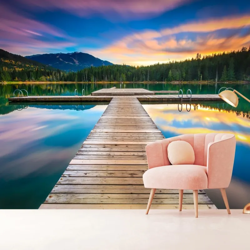 Fototapeta spokojne górskie jezioro o zachodzie słońca – Wallissimo® Fototapeta spokojne górskie jezioro o zachodzie słońca – Wallissimo®