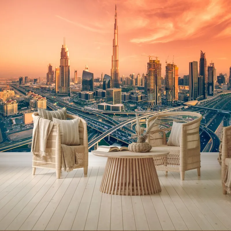 Fototapeta panorama Dubaju o zachodzie słońca