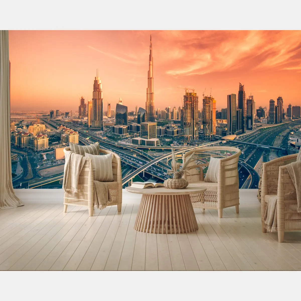 Fototapeta panorama Dubaju o zachodzie słońca – Wallissimo® Fototapeta panorama Dubaju o zachodzie słońca – Wallissimo®