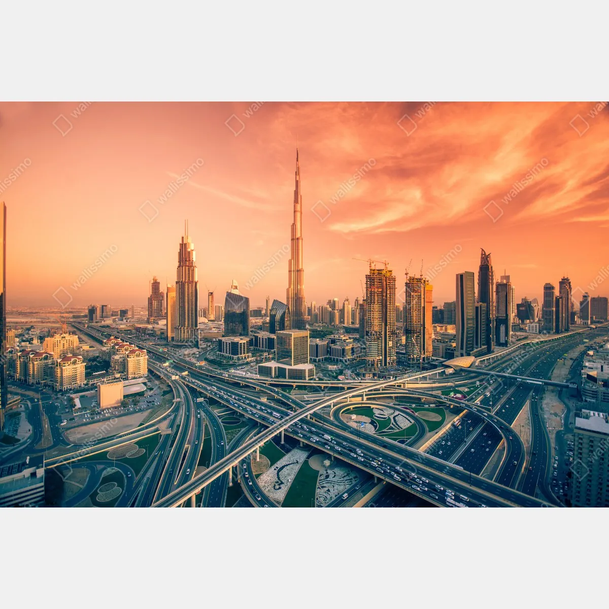 Fototapeta panorama Dubaju o zachodzie słońca – Wallissimo® Fototapeta panorama Dubaju o zachodzie słońca – Wallissimo®
