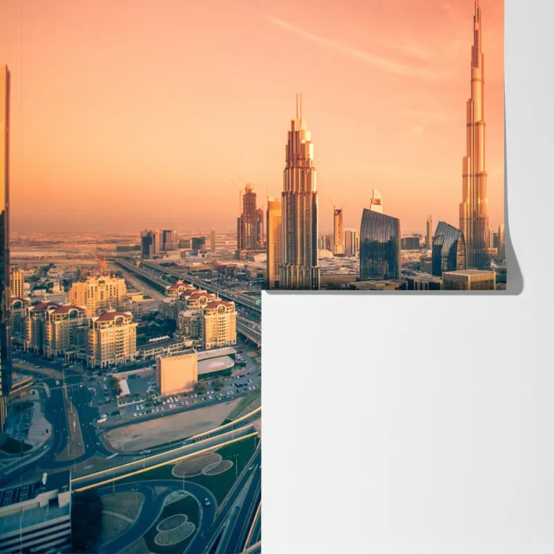 Fototapeta panorama Dubaju o zachodzie słońca – Wallissimo® Fototapeta panorama Dubaju o zachodzie słońca – Wallissimo®