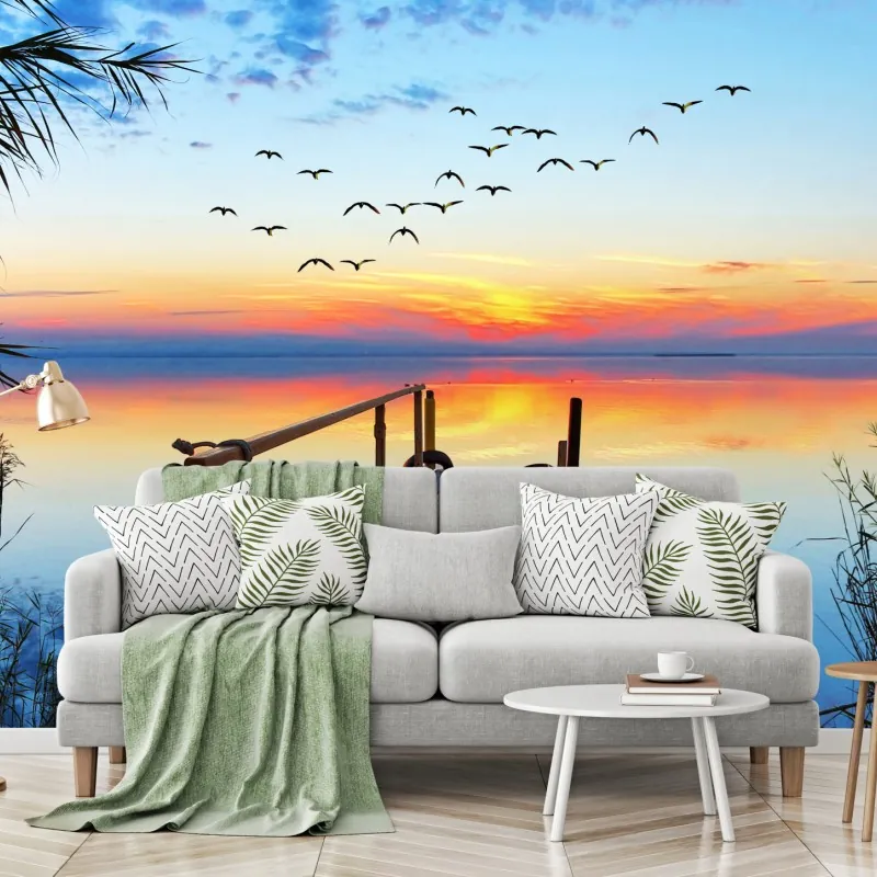 Fototapeta pomost o zachodzie słońca nad jeziorem