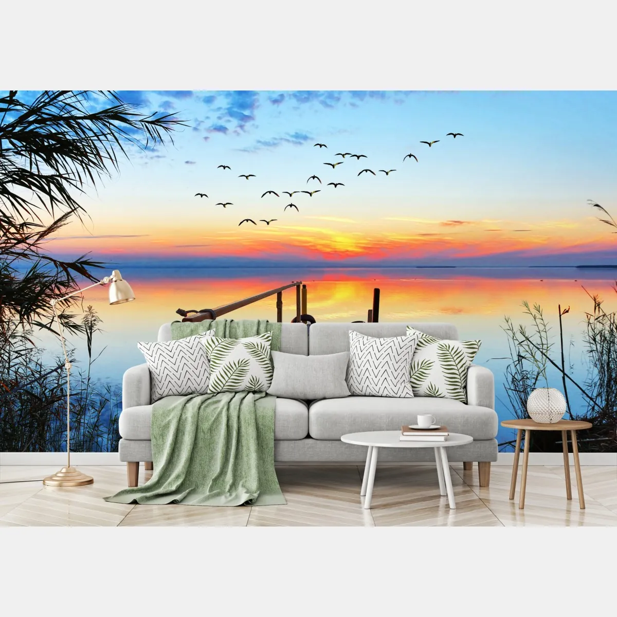 Fototapeta pomost o zachodzie słońca nad jeziorem – Wallissimo® Fototapeta pomost o zachodzie słońca nad jeziorem – Wallissimo®