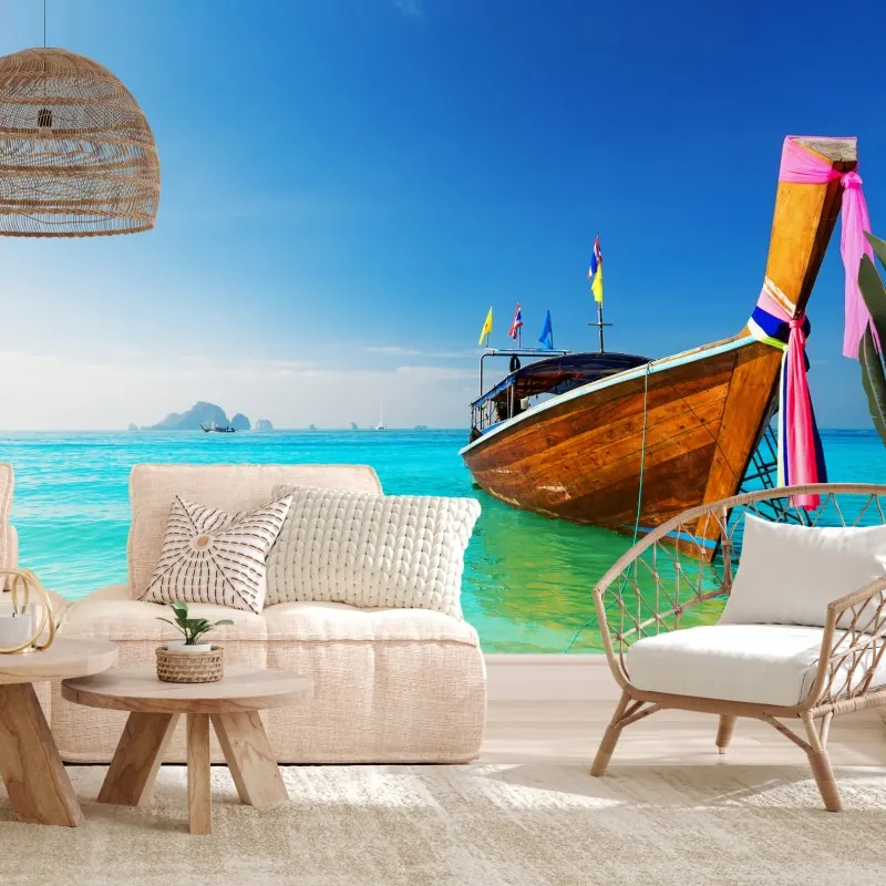 Fototapeta długa łódź na turkusowej plaży, Morze Andamańskie