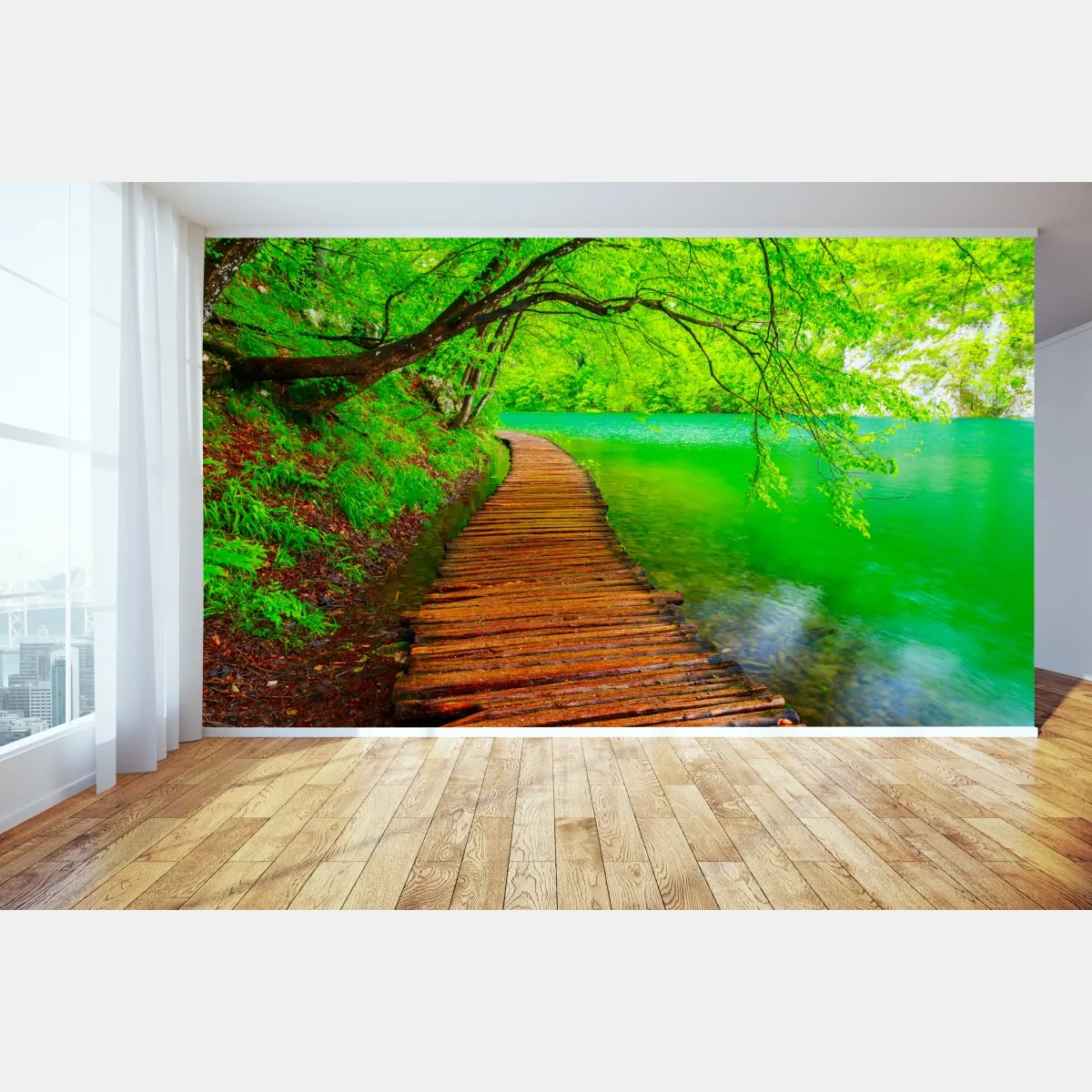 Fototapeta spokojny zielony pomost nad jeziorem – Wallissimo® Fototapeta spokojny zielony pomost nad jeziorem – Wallissimo®