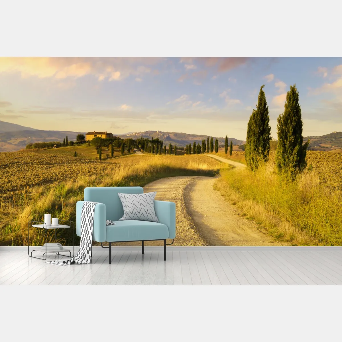 Fototapeta złota wiejska droga wśród cyprysów – Wallissimo® Fototapeta złota wiejska droga wśród cyprysów – Wallissimo®