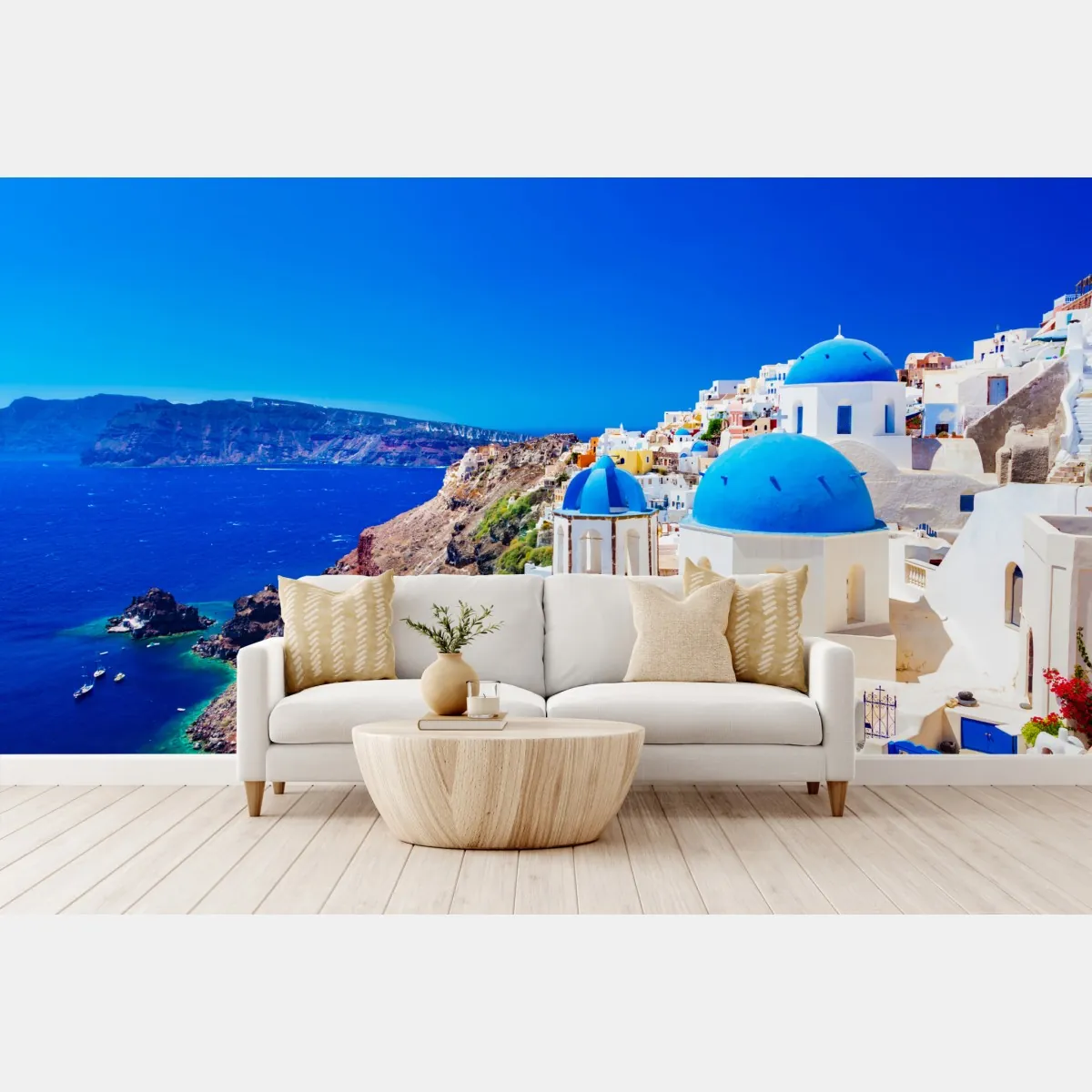 Fototapeta Santorini niebieskie kopuły nad Morzem Egejskim – Wallissimo® Fototapeta Santorini niebieskie kopuły nad Morzem Egejskim – Wallissimo®