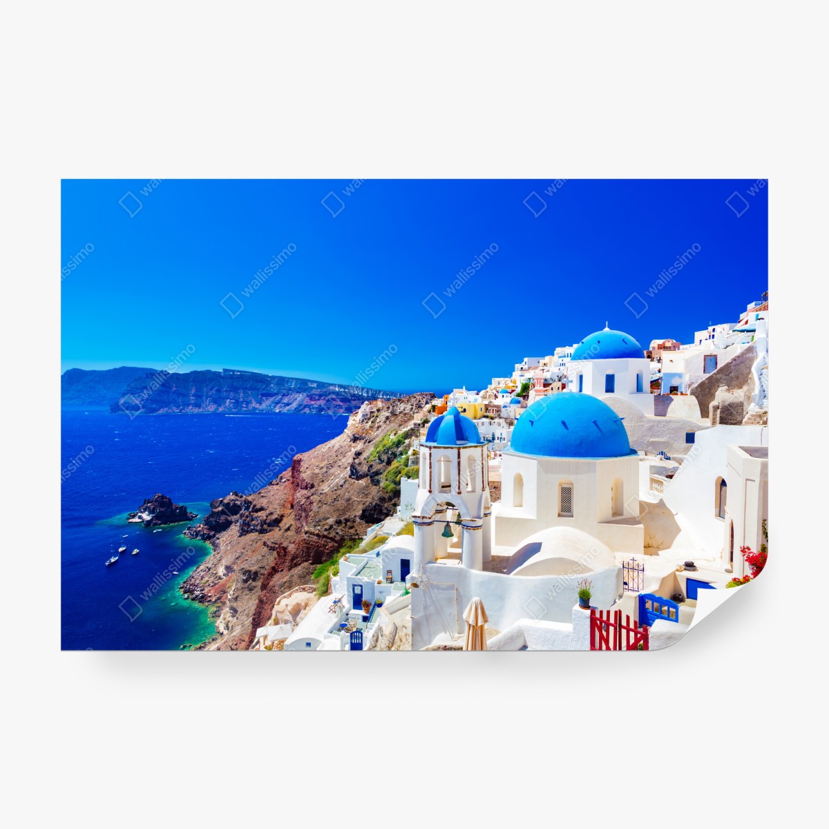 Fototapeta Santorini niebieskie kopuły nad Morzem Egejskim – Wallissimo® Fototapeta Santorini niebieskie kopuły nad Morzem Egejskim – Wallissimo®