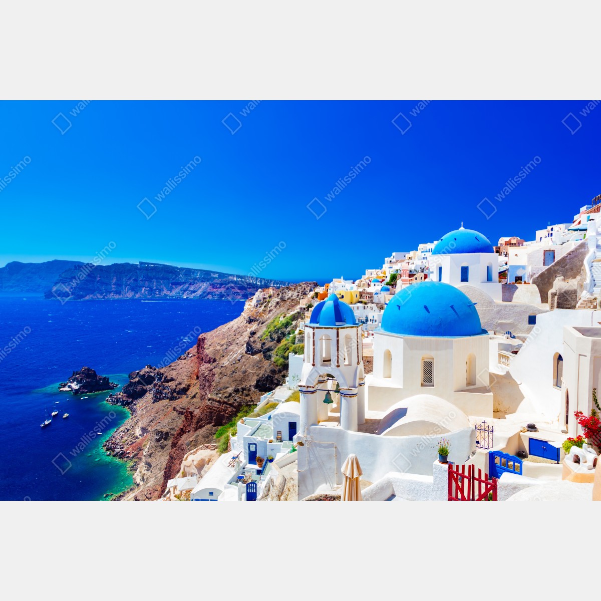 Fototapeta Santorini niebieskie kopuły nad Morzem Egejskim – Wallissimo® Fototapeta Santorini niebieskie kopuły nad Morzem Egejskim – Wallissimo®