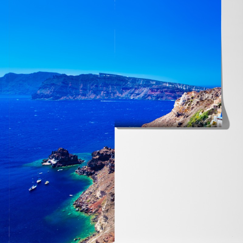 Fototapeta Santorini niebieskie kopuły nad Morzem Egejskim – Wallissimo® Fototapeta Santorini niebieskie kopuły nad Morzem Egejskim – Wallissimo®