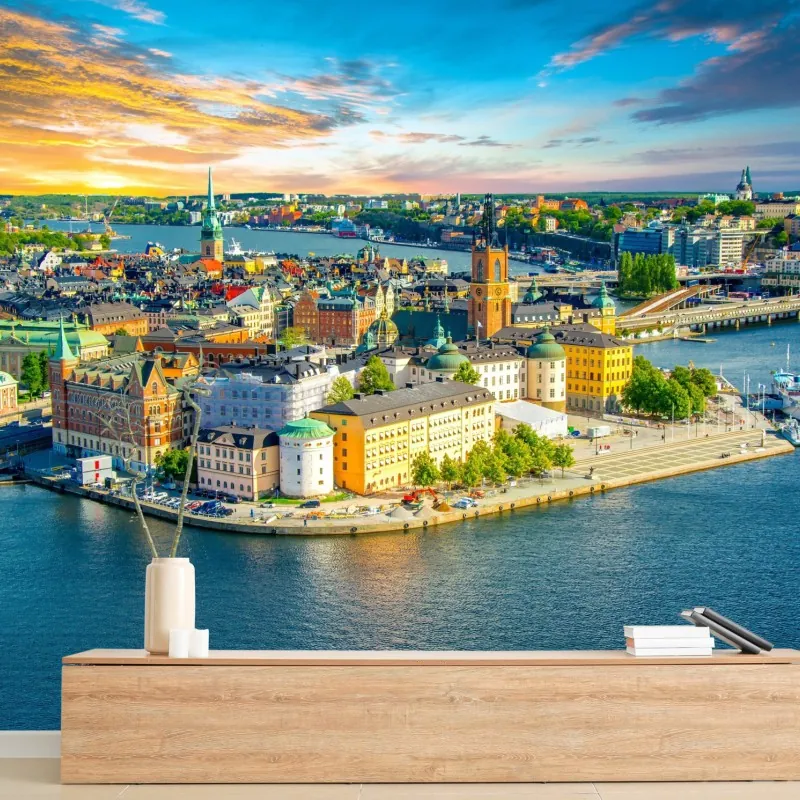 Fototapeta panorama Sztokholmu o zachodzie słońca – Wallissimo® Fototapeta panorama Sztokholmu o zachodzie słońca – Wallissimo®