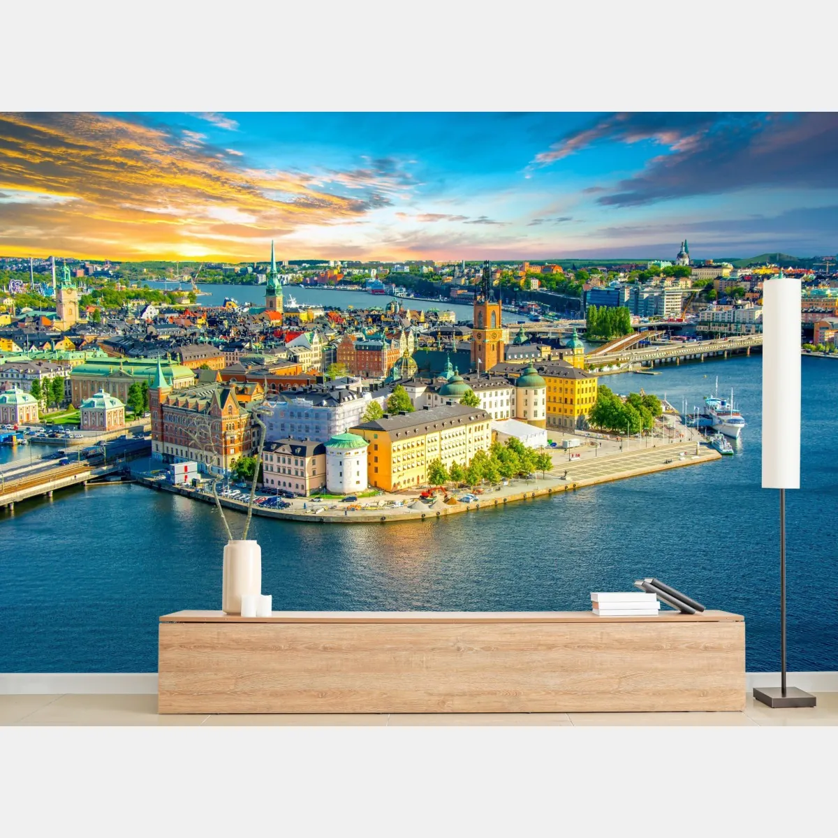 Fototapeta panorama Sztokholmu o zachodzie słońca – Wallissimo® Fototapeta panorama Sztokholmu o zachodzie słońca – Wallissimo®