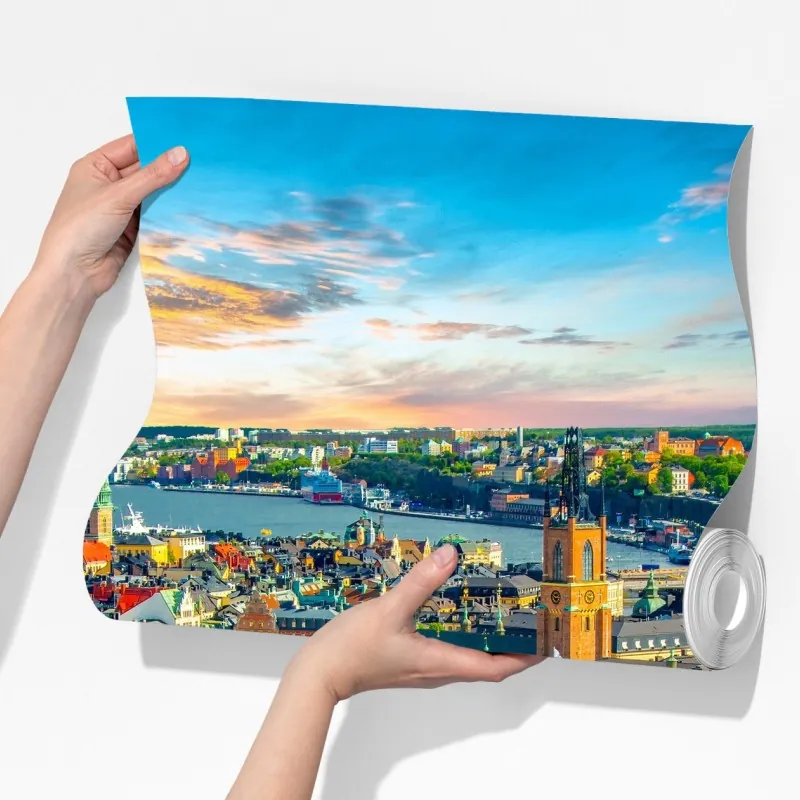 Fototapeta panorama Sztokholmu o zachodzie słońca – Wallissimo® Fototapeta panorama Sztokholmu o zachodzie słońca – Wallissimo®