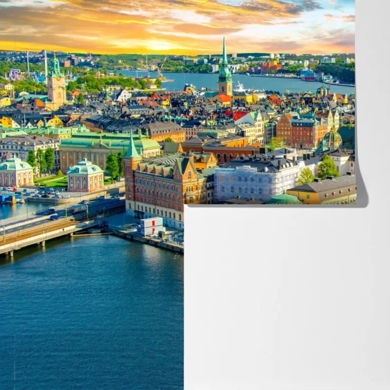 Fototapeta panorama Sztokholmu o zachodzie słońca – Wallissimo® Fototapeta panorama Sztokholmu o zachodzie słońca – Wallissimo®