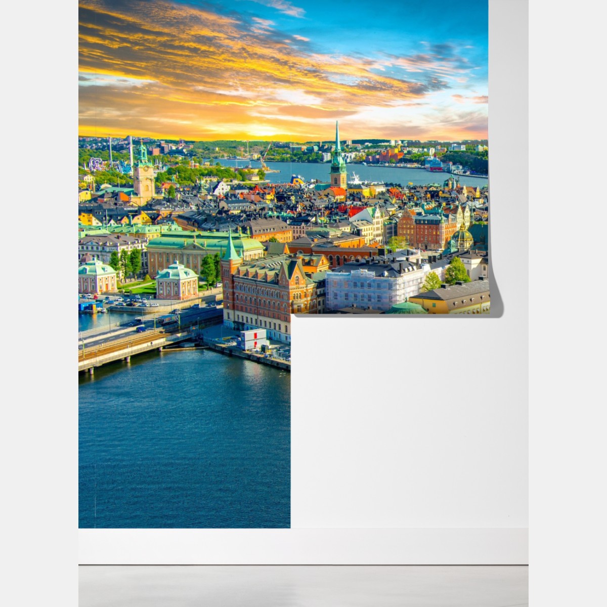 Fototapeta panorama Sztokholmu o zachodzie słońca – Wallissimo® Fototapeta panorama Sztokholmu o zachodzie słońca – Wallissimo®