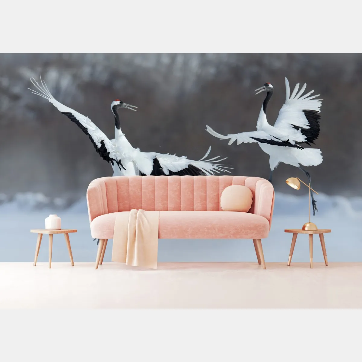 Fototapeta tańczące żurawie koroniaste na śniegu, Hokkaido – Wallissimo® Fototapeta tańczące żurawie koroniaste na śniegu, Hokkaido – Wallissimo®