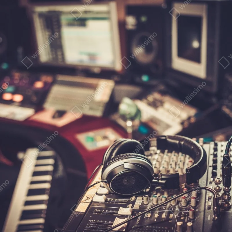 Fototapeta vintageowe studio nagraniowe przy konsoli mikserskiej – Wallissimo® Fototapeta vintageowe studio nagraniowe przy konsoli mikserskiej – Wallissimo®