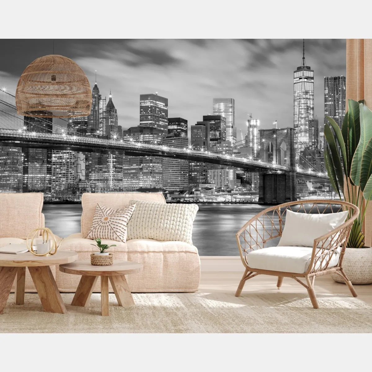 Fototapeta czarno-biała panorama Nowy Jork z Mostem Brooklyńskim – Wallissimo® Fototapeta czarno-biała panorama Nowy Jork z Mostem Brooklyńskim – Wallissimo®