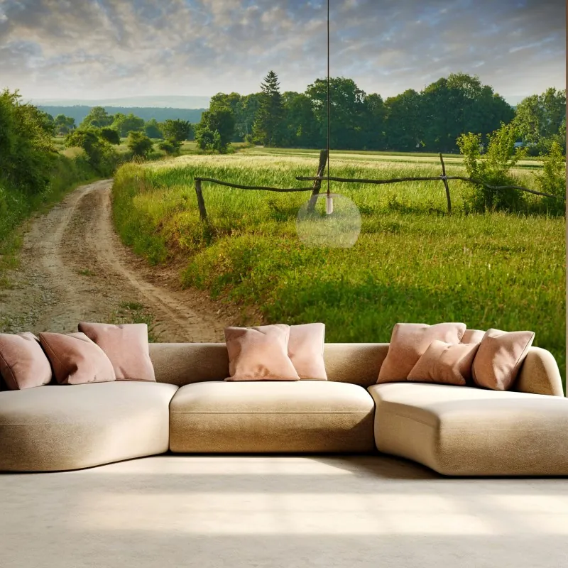 Fototapeta słoneczna wiejska ścieżka przez zielone łąki – Wallissimo® Fototapeta słoneczna wiejska ścieżka przez zielone łąki – Wallissimo®