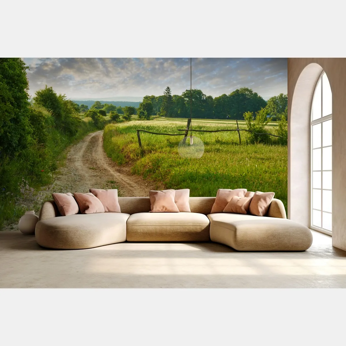 Fototapeta słoneczna wiejska ścieżka przez zielone łąki – Wallissimo® Fototapeta słoneczna wiejska ścieżka przez zielone łąki – Wallissimo®