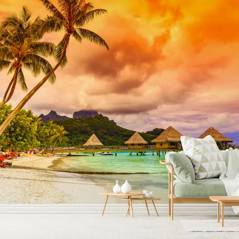 Fototapeta zachód słońca w Bora Bora nad bungalowami na wodzie – Wallissimo® Fototapeta zachód słońca w Bora Bora nad bungalowami na wodzie – Wallissimo®