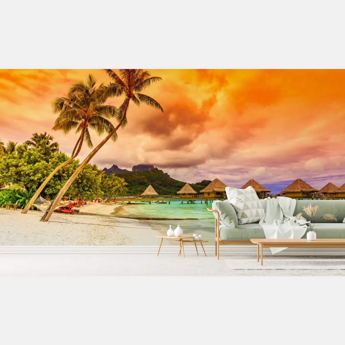 Fototapeta zachód słońca w Bora Bora nad bungalowami na wodzie – Wallissimo® Fototapeta zachód słońca w Bora Bora nad bungalowami na wodzie – Wallissimo®