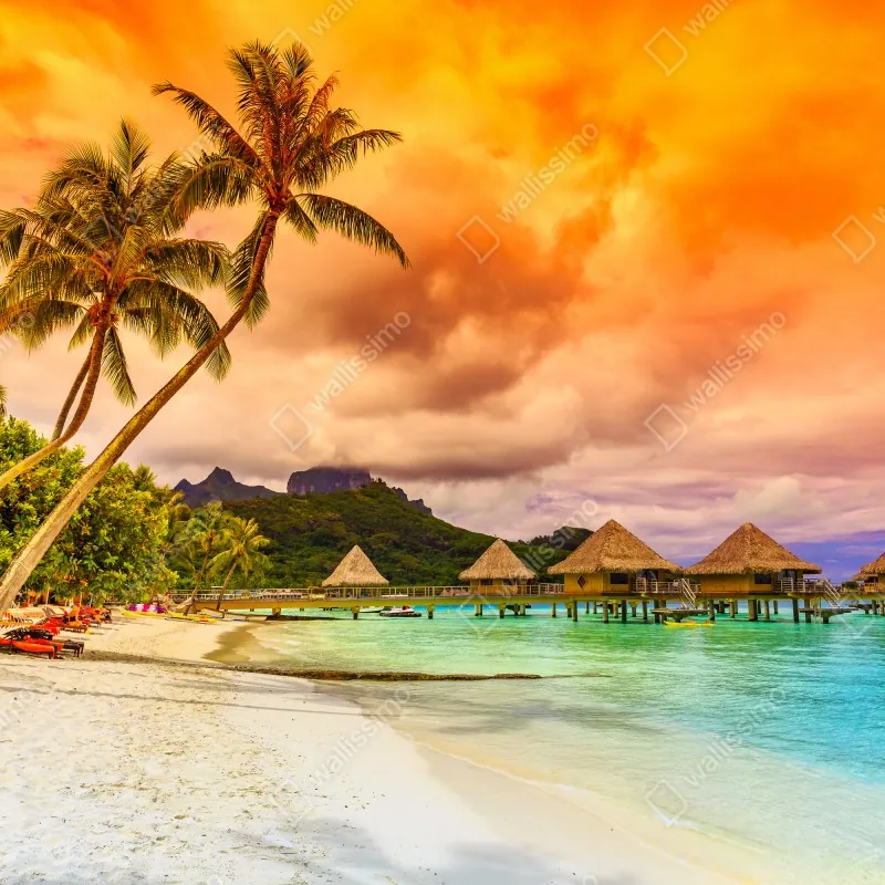 Fototapeta zachód słońca w Bora Bora nad bungalowami na wodzie – Wallissimo® Fototapeta zachód słońca w Bora Bora nad bungalowami na wodzie – Wallissimo®