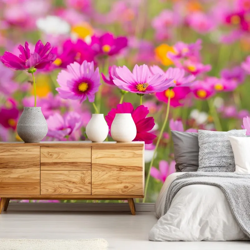 Fototapeta różowa łąka kosmosów w rozkwicie – Wallissimo® Fototapeta różowa łąka kosmosów w rozkwicie – Wallissimo®