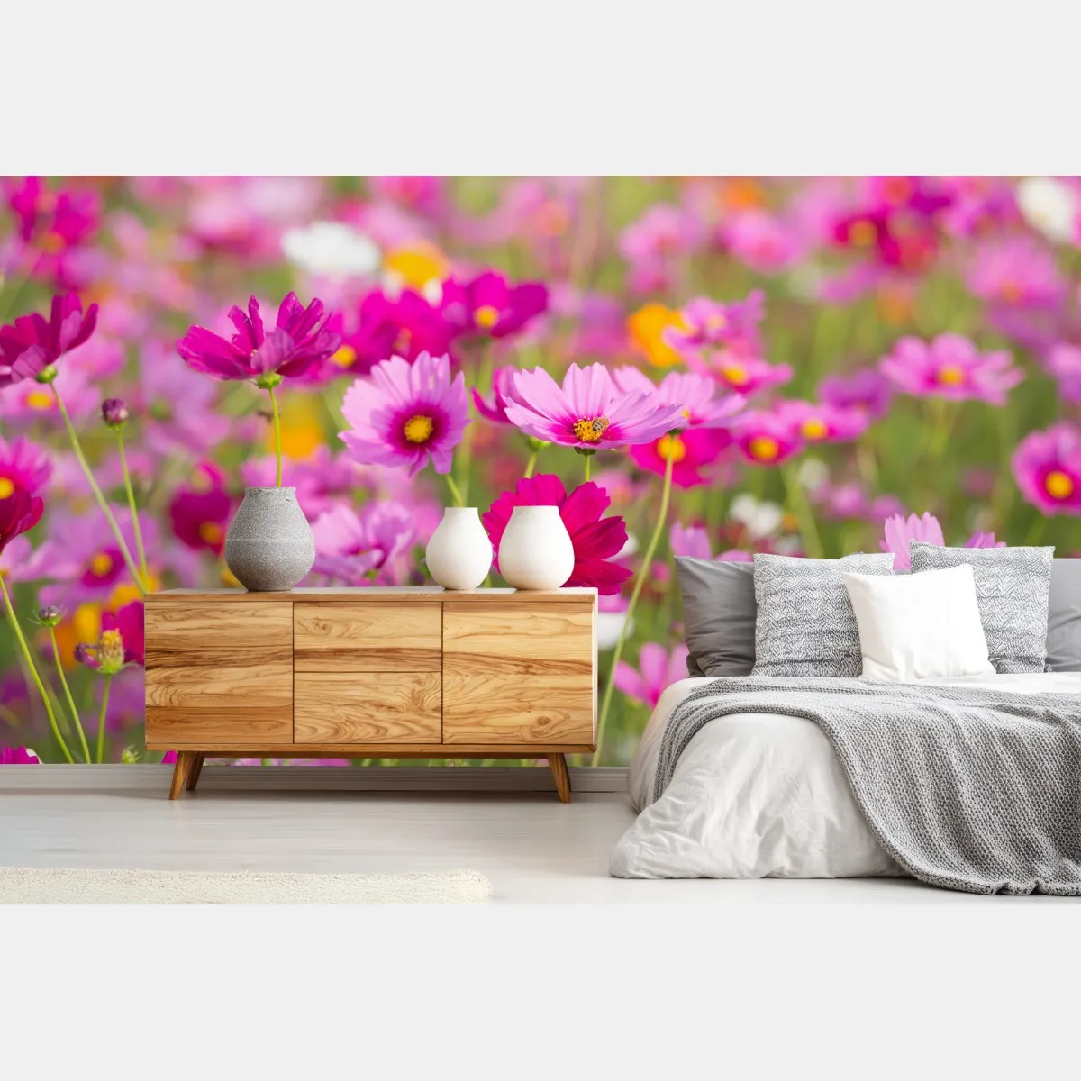 Fototapeta różowa łąka kosmosów w rozkwicie – Wallissimo® Fototapeta różowa łąka kosmosów w rozkwicie – Wallissimo®