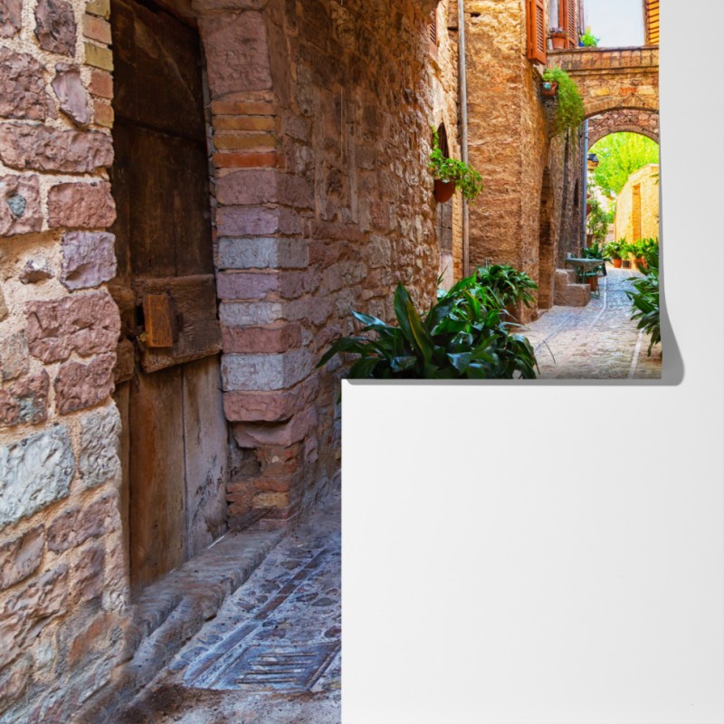 Fototapeta słoneczna uliczka z doniczkami w Spello – Wallissimo® Fototapeta słoneczna uliczka z doniczkami w Spello – Wallissimo®