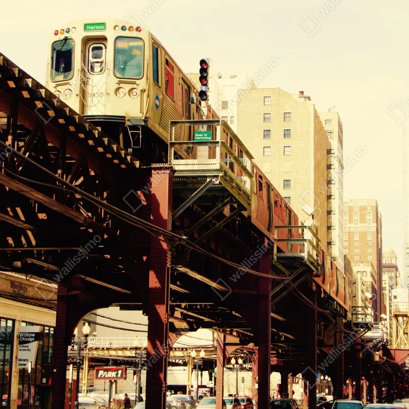 Fototapeta retro kolej nadziemna nad ulicą miasta – Wallissimo® Fototapeta retro kolej nadziemna nad ulicą miasta – Wallissimo®