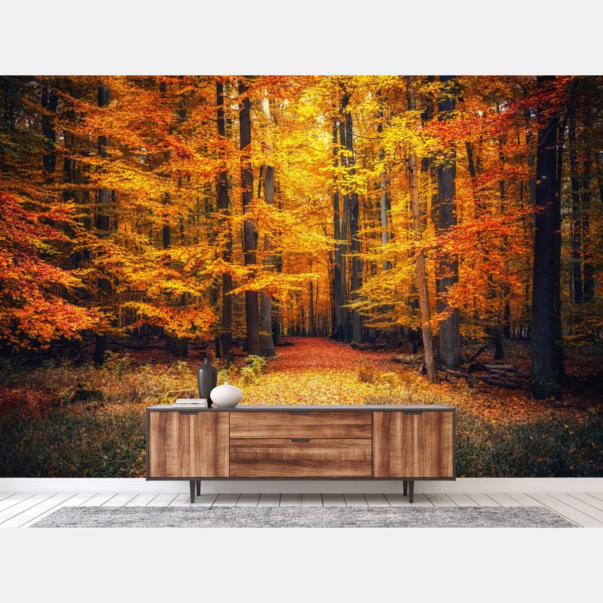 Fototapeta jesienny las ze złotą ścieżką – Wallissimo® Fototapeta jesienny las ze złotą ścieżką – Wallissimo®