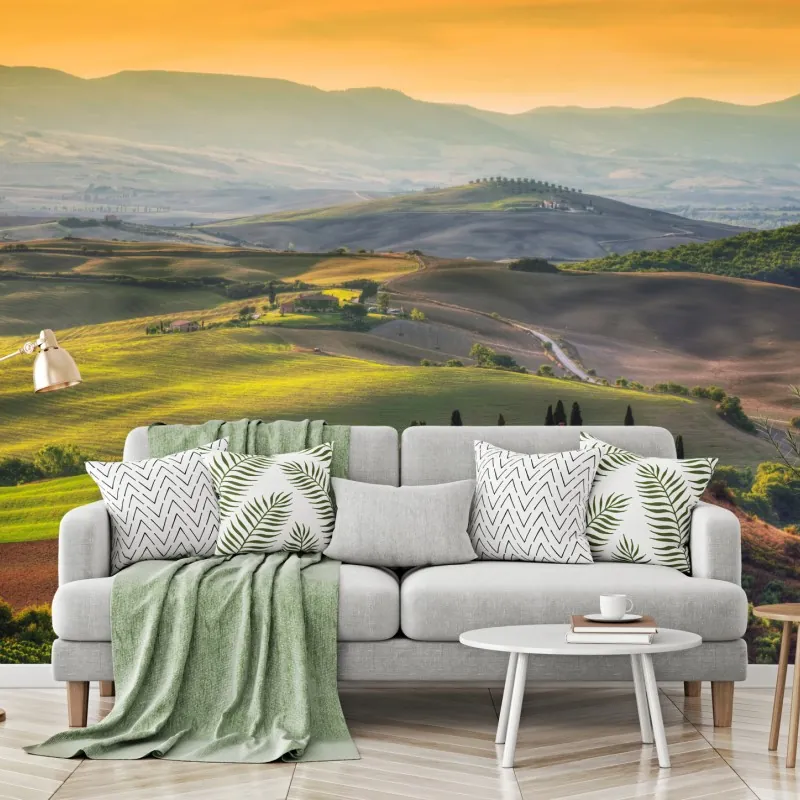 Fototapeta Toskania sielankowe wzgórza o zachodzie słońca