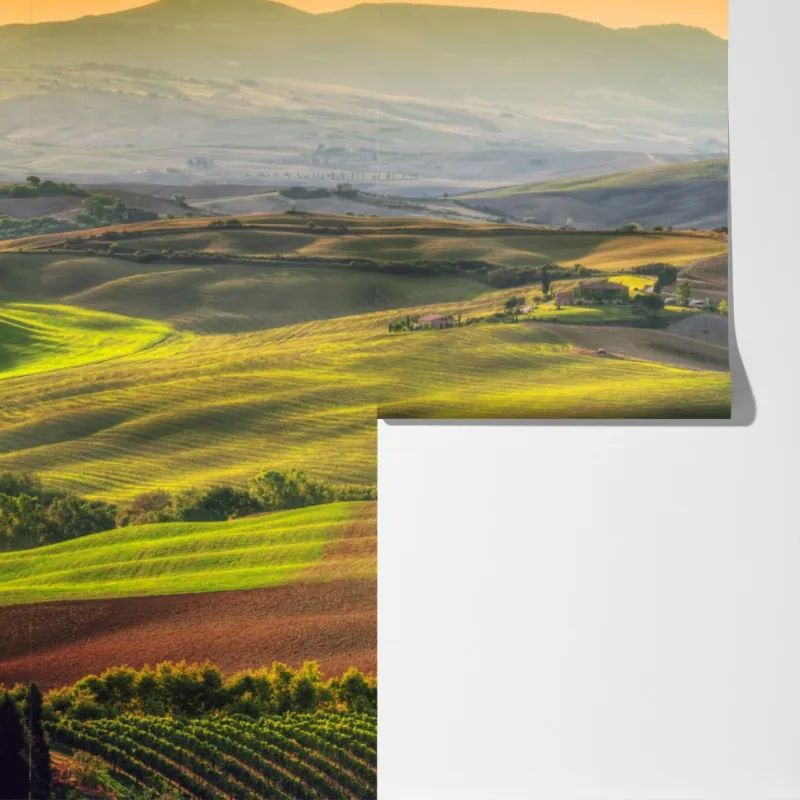 Fototapeta Toskania sielankowe wzgórza o zachodzie słońca – Wallissimo® Fototapeta Toskania sielankowe wzgórza o zachodzie słońca – Wallissimo®