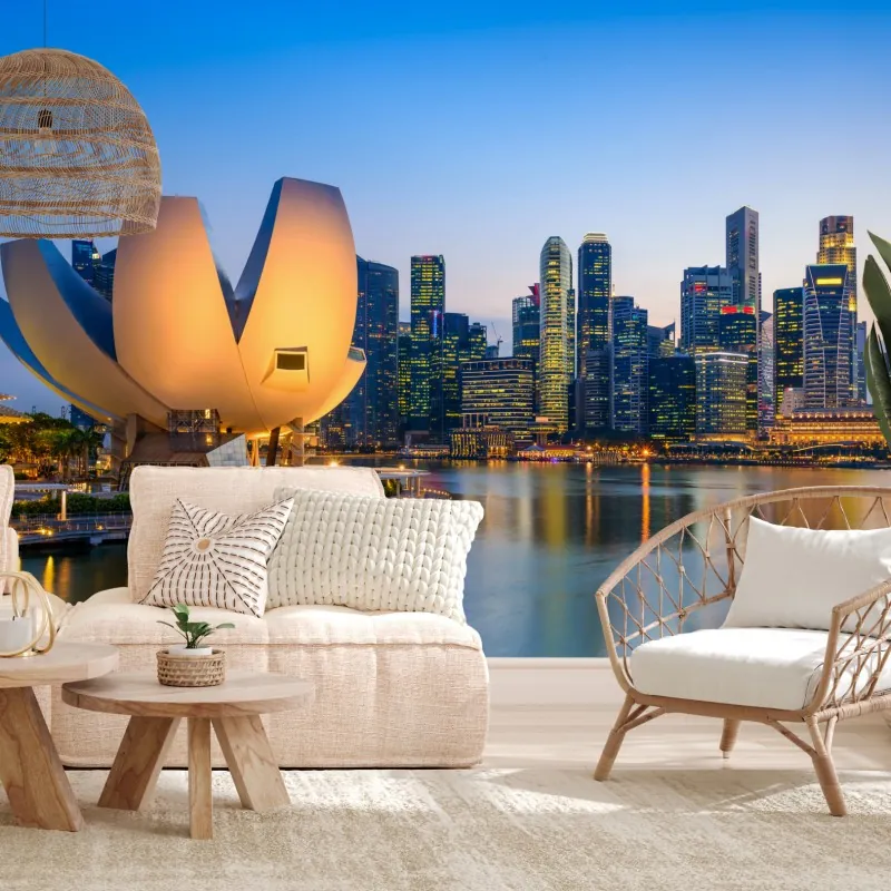 Fototapeta Singapur panorama miasta o zmierzchu – Wallissimo® Fototapeta Singapur panorama miasta o zmierzchu – Wallissimo®